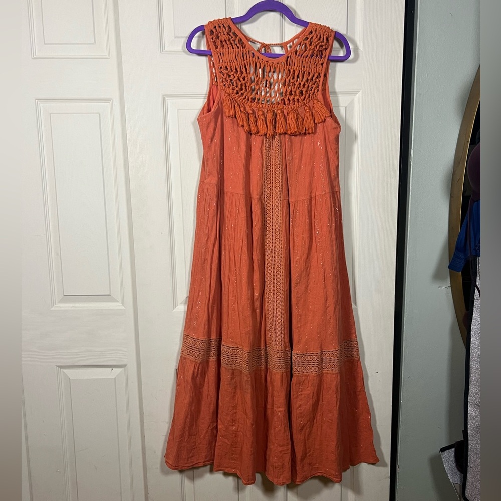 Anthropologie Maeve Sleeveless Crochet Maxi Dress tassels,Lurex metallic thread